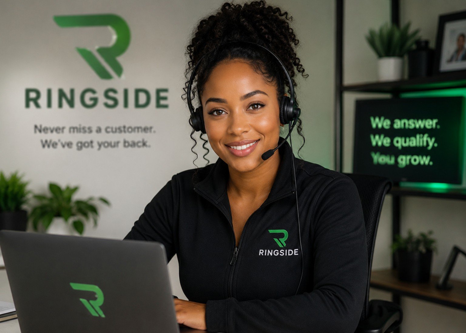 Ree, Ringside’s virtual guide, wearing a headset at a Ringside desk